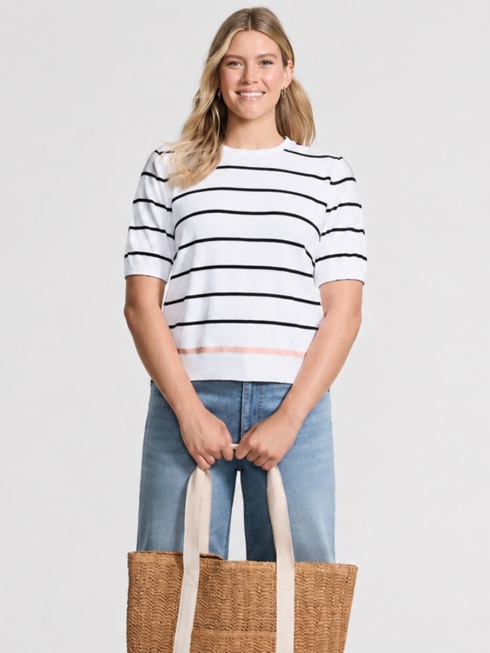 Lands End 100%‎ Supima Cotton Striped Sweater Tee White Black Peach